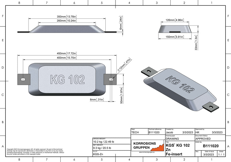 Zinc anode TYPE 102 - 350*150*33, B111020