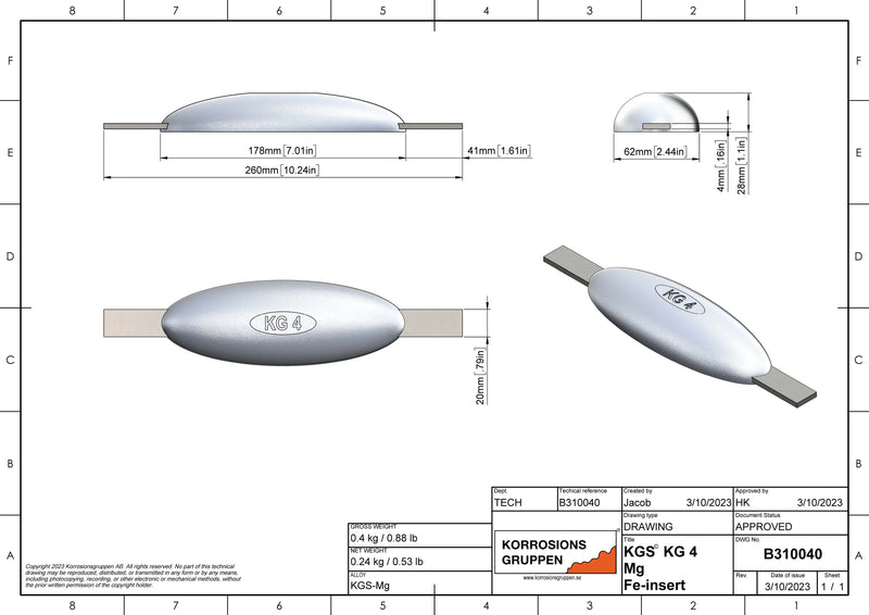 Magnesiumanode TYPE 4 - 178*62*28, (260mm), ongeveer 0,4kg/0,88lb. AZ63-1,5VDc