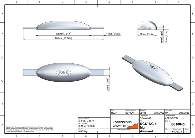 Magnesiumanode TYPE 4 AL - 178*62*28, (260mm), ca 0,3kg/0,66lb, AZ63-1,5VDc