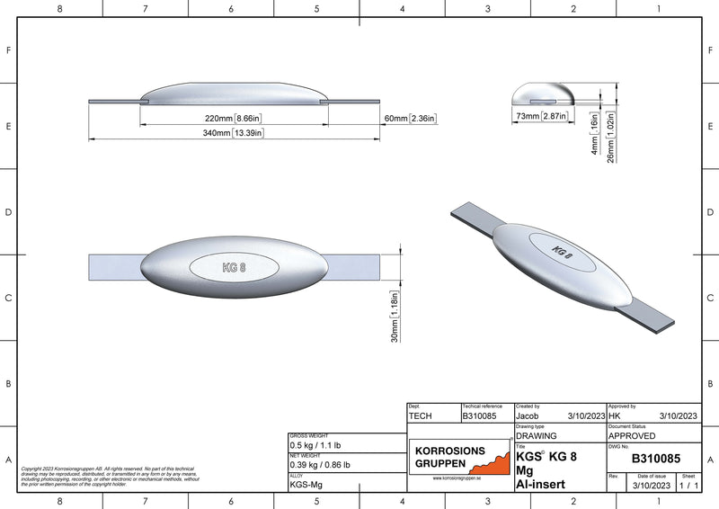 Magnesiumanode TYPE 8 AL - 220*73*26, (340mm), ca. 0,5kg. AZ63-1,5VDc