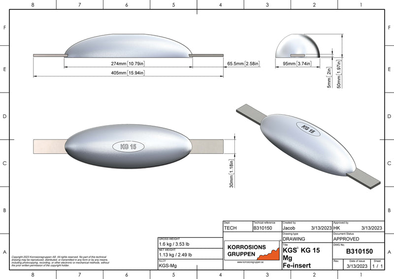 Magnesiumanode TYPE 15 - 274*95*50, (405mm), ca1.5kg/3,31lb. AZ63-1,5VDc