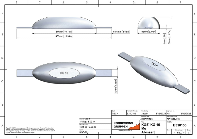 Magnesiumanode TYPE 15 AL - 274*95*50, (405mm), ca1.25kg/2,76lb. AZ63-1,5VDc