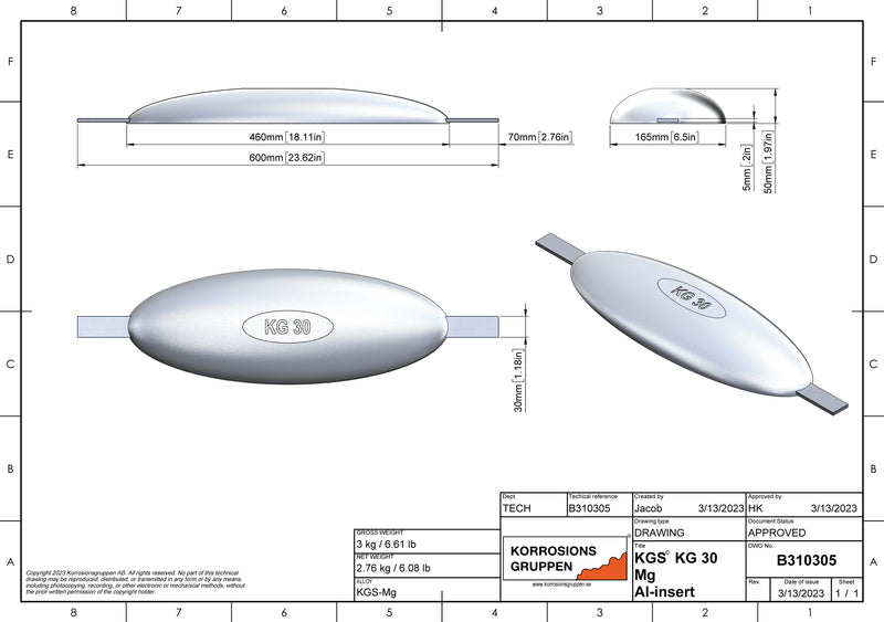 Magnesiumanode TYPE 30 AL- 460*165*50, (600mm), ca. 3,24kg/7,14lb. AZ63-1,5VDc