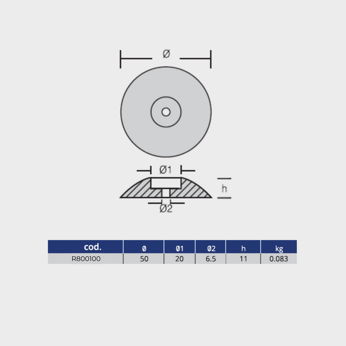 Ritning på Zinkanod roder - DIA:50mm, 0.083KG/0,18LB - 2-PACK, R800100